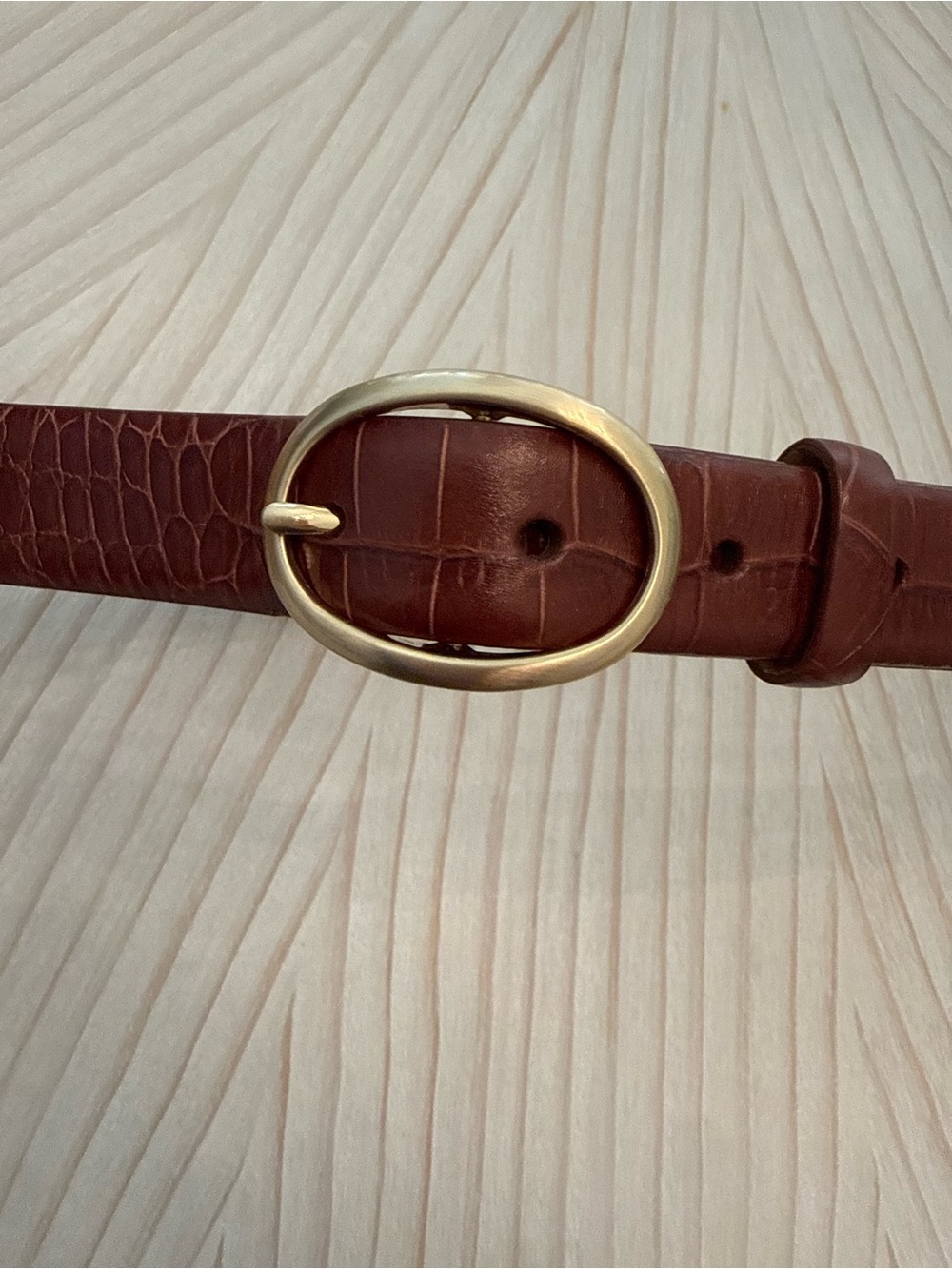 Liz Claiborne Brown Croc-Textured Leather Belt with Gold Oval Buckle